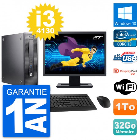 PC HP 600 G1 SFF Ecran 27" Intel i3-4130 RAM 32Go Disque Dur 1To Windows 10 Wifi