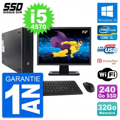 PC HP 600 G1 SFF Ecran 19" Intel Core i5-4570 RAM 32Go SSD 240Go Windows 10 Wifi