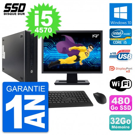 PC HP 600 G1 SFF Ecran 19" Intel Core i5-4570 RAM 32Go SSD 480Go Windows 10 Wifi