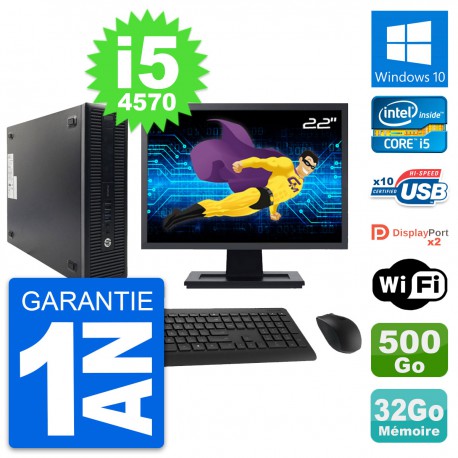 PC HP 600 G1 SFF Ecran 22" Intel i5-4570 RAM 32Go Disque 500Go Windows 10 Wifi