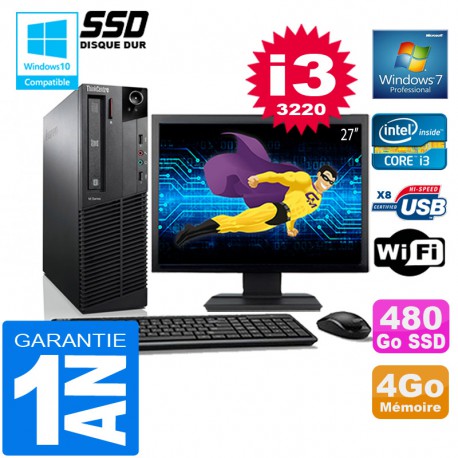 PC Lenovo M92p SFF Core I3-3220 Ram 4Go Disque 480 Go SSD Wifi W7 Ecran 27"