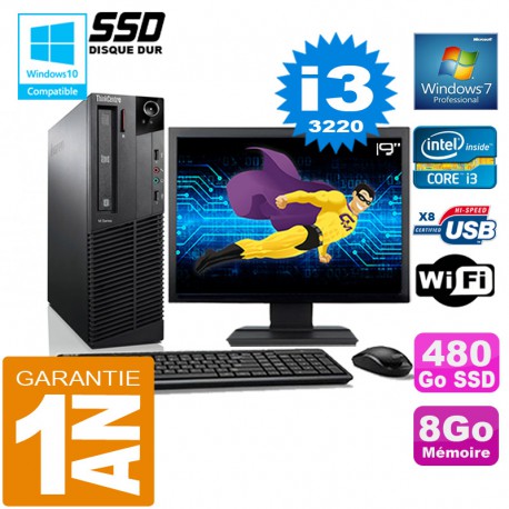 PC Lenovo M92p SFF Core I3-3220 Ram 8Go Disque 480 Go SSD Wifi W7 Ecran 19"