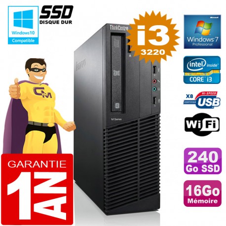 PC Lenovo M92p SFF Core I3-3220 Ram 16Go Disque 240 Go SSD Graveur DVD Wifi W7