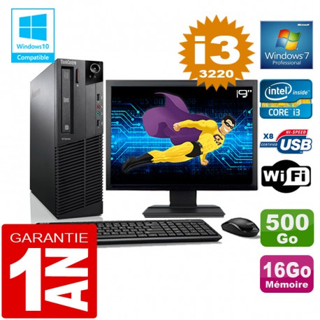 PC Lenovo M92p SFF Core I3-3220 Ram 16Go Disque 500 Go Wifi W7 Ecran 19"