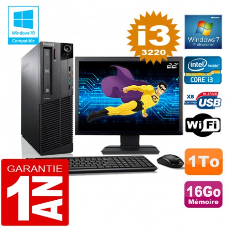 PC Lenovo M92p SFF Core I3-3220 Ram 16Go Disque 1 To Wifi W7 Ecran 22"