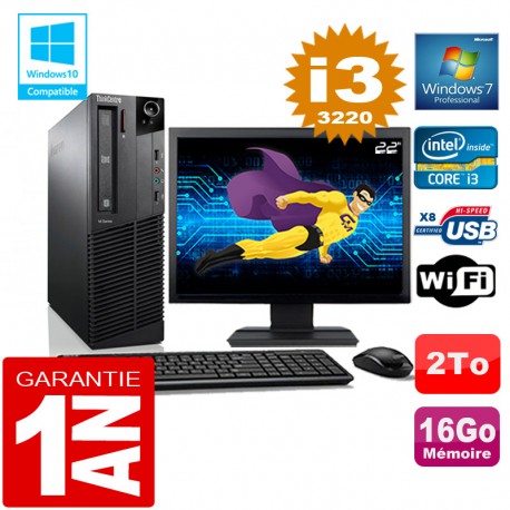 PC Lenovo M92p SFF Core I3-3220 Ram 16Go Disque 2 To Wifi W7 Ecran 22"