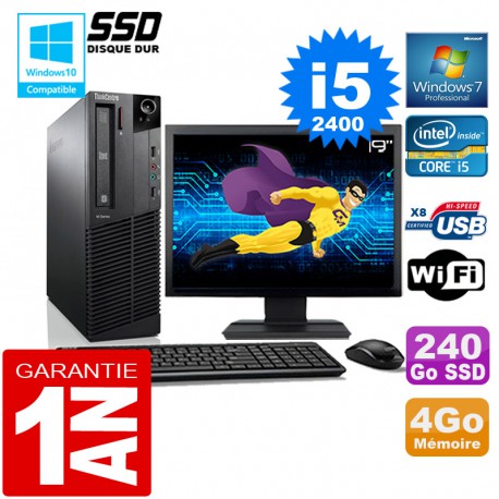 PC Lenovo M92p SFF Core I5-2400 Ram 4Go Disque 240 Go SSD Wifi W7 Ecran 19"