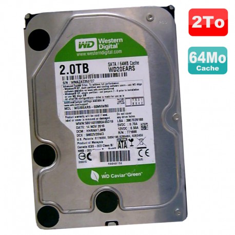 Disque Dur 2To SATA III 3.5" WD Caviar Green WD20EARS-00MVWB0 7200RPM 64Mo