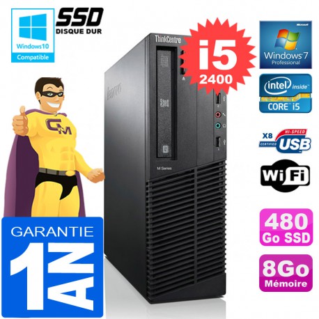 PC Lenovo M92p SFF Core I5-2400 Ram 8Go Disque 480 Go SSD Graveur DVD Wifi W7