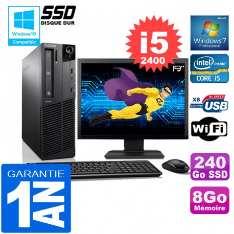 PC Lenovo M92p SFF Core I5-2400 Ram 8Go Disque 240 Go SSD Wifi W7 Ecran 19"