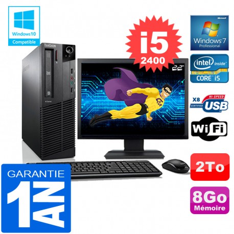 PC Lenovo M92p SFF Core I5-2400 Ram 8Go Disque 2 To Wifi W7 Ecran 22"