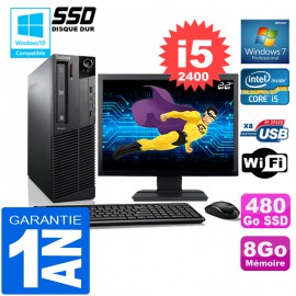 PC Lenovo M92p SFF Core I5-2400 Ram 8Go Disque 480 Go SSD Wifi W7 Ecran 22"