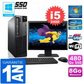 PC Lenovo M92p SFF Core I5-2400 Ram 8Go Disque 480 Go SSD Wifi W7 Ecran 27"