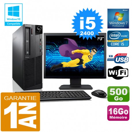 PC Lenovo M92p SFF Core I5-2400 Ram 16Go Disque 500 Go Wifi W7 Ecran 19"