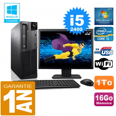 PC Lenovo M92p SFF Core I5-2400 Ram 16Go Disque 1 To Wifi W7 Ecran 22"