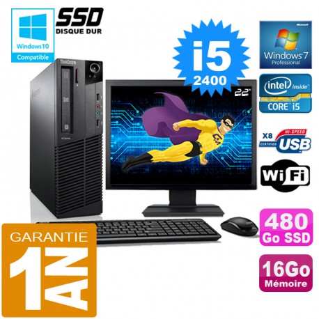 PC Lenovo M92p SFF Core I5-2400 Ram 16Go Disque 480 Go SSD Wifi W7 Ecran 22"