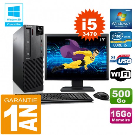 PC Lenovo M92p SFF Core I5-3470 Ram 16Go Disque 500 Go Wifi W7 Ecran 19"