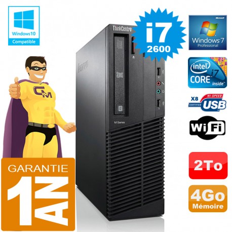 PC Lenovo M92p SFF Core I7-2600 Ram 4Go Disque 2 To Graveur DVD Wifi W7