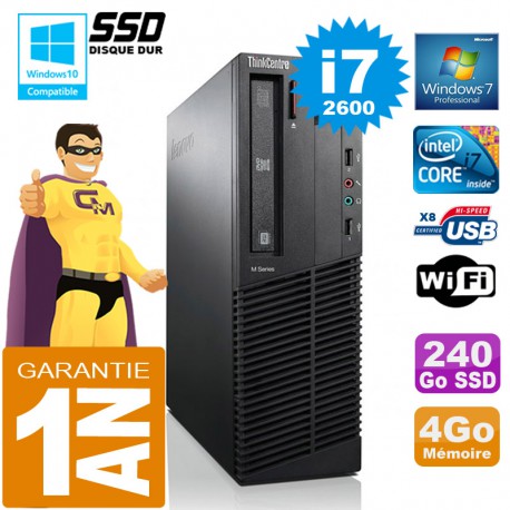 PC Lenovo M92p SFF Core I7-2600 Ram 4Go Disque 240 Go SSD Graveur DVD Wifi W7