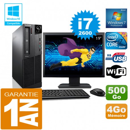 PC Lenovo M92p SFF Core I7-2600 Ram 4Go Disque 500 Go Wifi W7 Ecran 19"