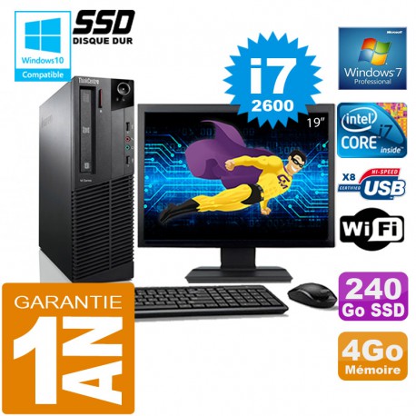 PC Lenovo M92p SFF Core I7-2600 Ram 4Go Disque 240 Go SSD Wifi W7 Ecran 19"