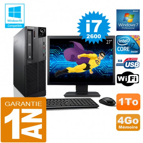 PC Lenovo M92p SFF Core I7-2600 Ram 4Go Disque 1 To Wifi W7 Ecran 27"