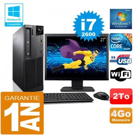 PC Lenovo M92p SFF Core I7-2600 Ram 4Go Disque 2 To Wifi W7 Ecran 27"