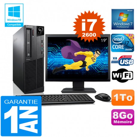 PC Lenovo M92p SFF Core I7-2600 Ram 8Go Disque 1 To Wifi W7 Ecran 19"