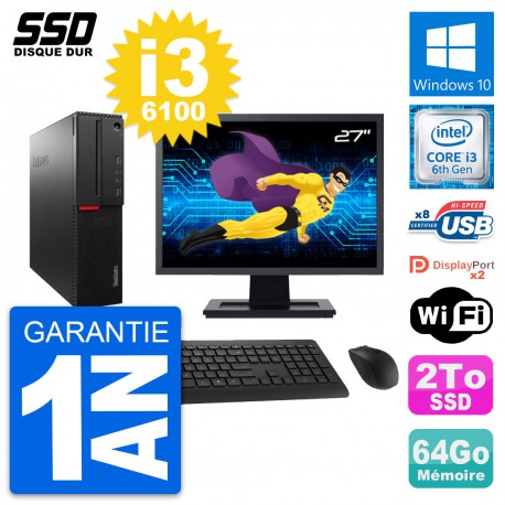 PC Lenovo M800 SFF Ecran 27" Intel Core i3-6100 RAM 64Go SSD 2To Windows 10 Wifi