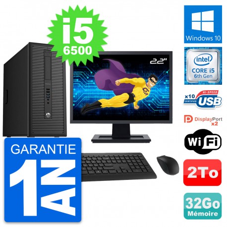 PC Tour HP 800 G2 Ecran 22" Intel i5-6500 RAM 32Go Disque Dur 2To Windows 10 Wifi