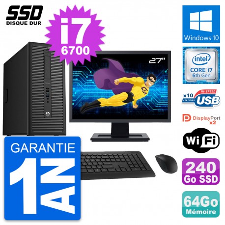 PC Tour HP EliteDesk 800 G2 Ecran 27" i7-6700 RAM 64Go SSD 240Go Windows 10 Wifi