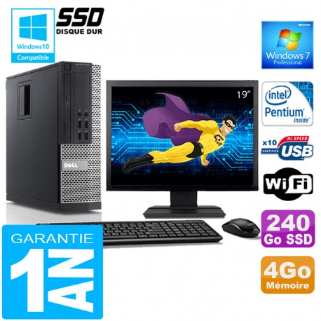 PC DELL 990 SFF Intel G840 Ram 4Go Disque 240 Go SSD Wifi W7 Ecran 19"