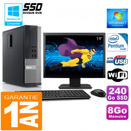 PC DELL 990 SFF Intel G840 Ram 8Go Disque 240 Go SSD Wifi W7 Ecran 19"