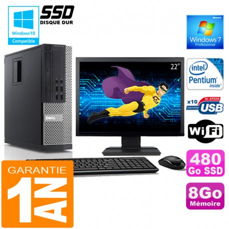 PC DELL 990 SFF Intel G840 Ram 8Go Disque 480 Go SSD Wifi W7 Ecran 22"