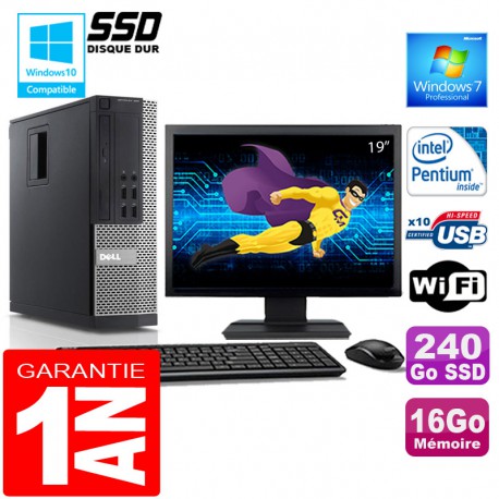 PC DELL 990 SFF Intel G840 Ram 16Go Disque 240 Go SSD Wifi W7 Ecran 19"