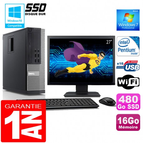 PC DELL 990 SFF Intel G840 Ram 16Go Disque 480 Go SSD Wifi W7 Ecran 27"