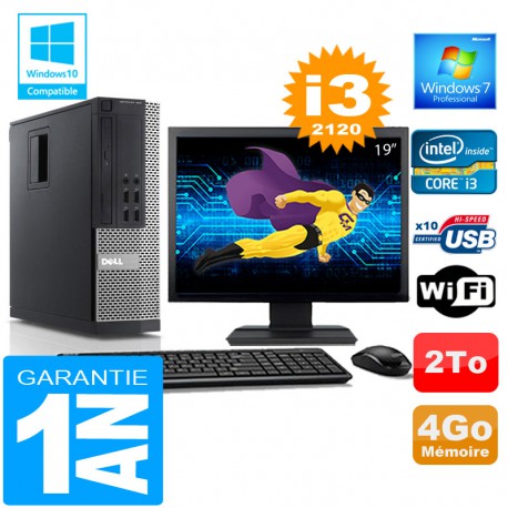 PC DELL 990 SFF Core I3-2120 Ram 4Go Disque 2 To Wifi W7 Ecran 19"