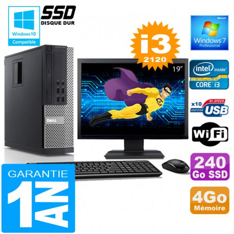 PC DELL 990 SFF Core I3-2120 Ram 4Go Disque 240 Go SSD Wifi W7 Ecran 19"