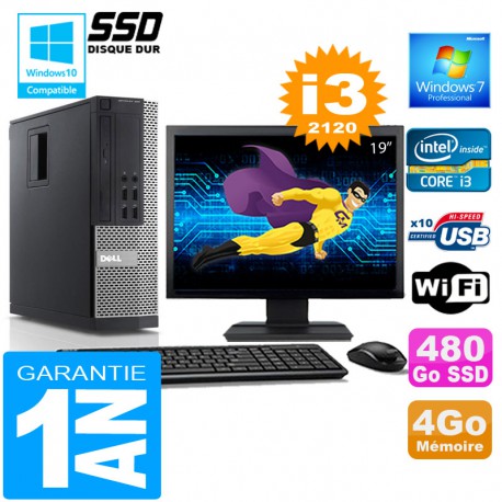 PC DELL 990 SFF Core I3-2120 Ram 4Go Disque 480 Go SSD Wifi W7 Ecran 19"