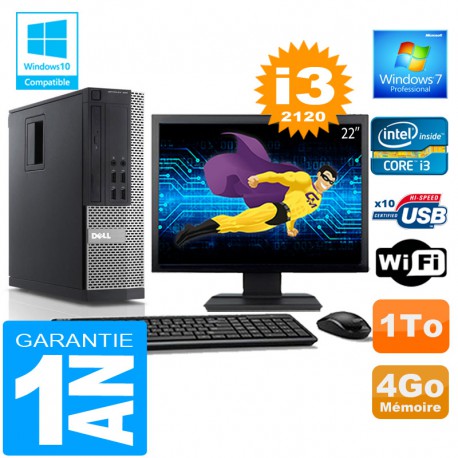 PC DELL 990 SFF Core I3-2120 Ram 4Go Disque 1 To Wifi W7 Ecran 22"