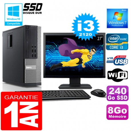 PC DELL 990 SFF Core I3-2120 Ram 8Go Disque 240 Go SSD Wifi W7 Ecran 27"