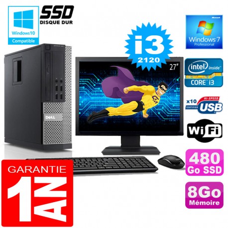 PC DELL 990 SFF Core I3-2120 Ram 8Go Disque 480 Go SSD Wifi W7 Ecran 27"