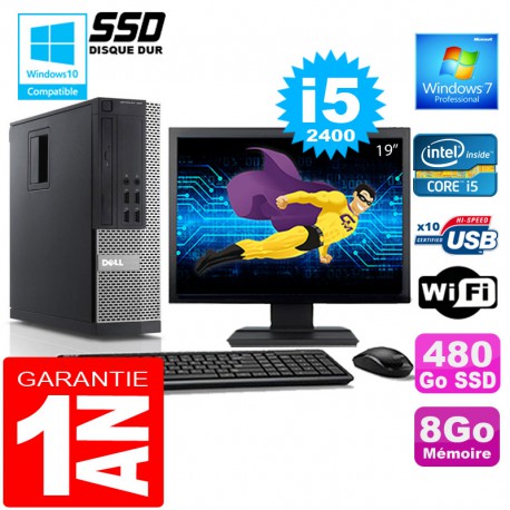 PC DELL 990 SFF Core I5-2400 Ram 8Go Disque 480 Go SSD Wifi W7 Ecran 19"