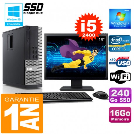 PC DELL 990 SFF Core I5-2400 Ram 16Go Disque 240 Go SSD Wifi W7 Ecran 19"