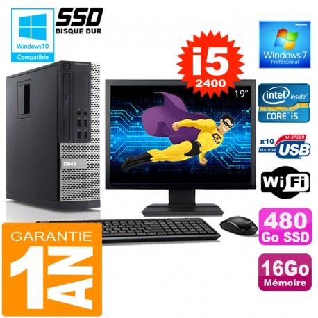 PC DELL 990 SFF Core I5-2400 Ram 16Go Disque 480 Go SSD Wifi W7 Ecran 19"