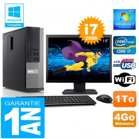 PC DELL 990 SFF Core I7-2600 Ram 4Go Disque 1 To Wifi W7 Ecran 19"