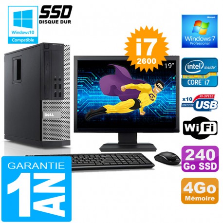 PC DELL 990 SFF Core I7-2600 Ram 4Go Disque 240 Go SSD Wifi W7 Ecran 19"