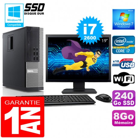 PC DELL 990 SFF Core I7-2600 Ram 8Go Disque 240 Go SSD Wifi W7 Ecran 19"