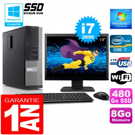 PC DELL 990 SFF Core I7-2600 Ram 8Go Disque 480 Go SSD Wifi W7 Ecran 19"