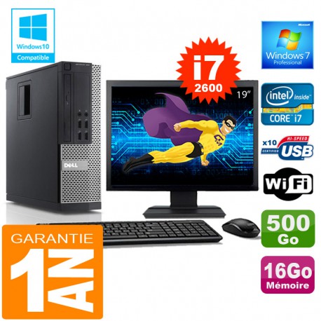 PC DELL 990 SFF Core I7-2600 Ram 16Go Disque 500 Go Wifi W7 Ecran 19"